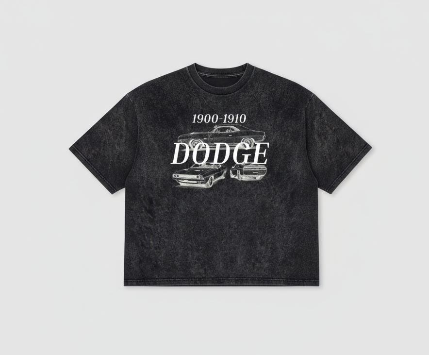 Black t-shirt with 'Dodge' and car graphic on a light gray background