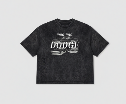 Black t-shirt with 'Dodge' and car graphic on a light gray background