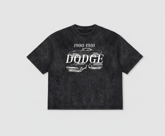 Black t-shirt with 'Dodge' and car graphic on a light gray background
